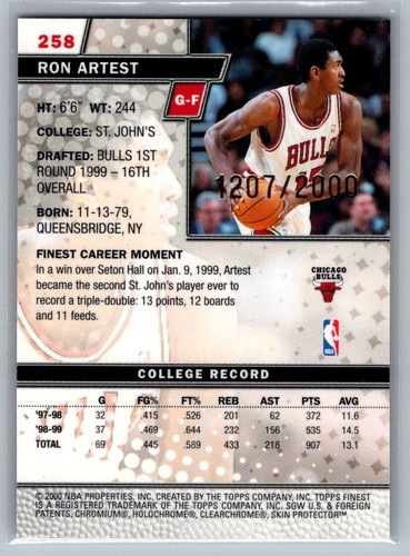 Ron Artest / Meta World Peace 2000 Topps Finest Rookie Card #258 1207/2000 - Picture 2 of 2