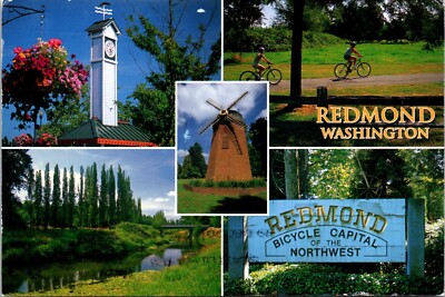 Redmond Washington State WA Multiview Clock Tower Bicyclers Windmill Postcard
