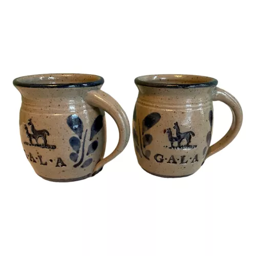 Vintage Signed Art pottery Stoneware coffee Mugs G A L A Lama Blue Floral Brown