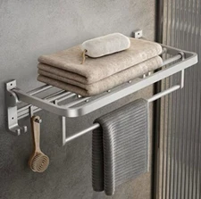 24 Inch Towel Rack with Towel Bar Holder Foldable Towel Shelf with Movable Hooks