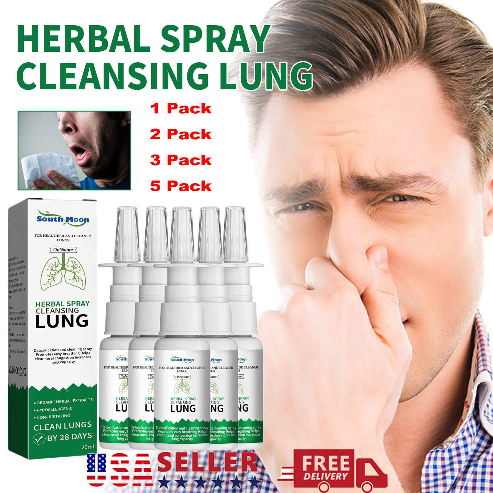 5-1 Pcs Lung Detox Herbal Cleansing Spray for Smokers Clear Nasal Congestion USA