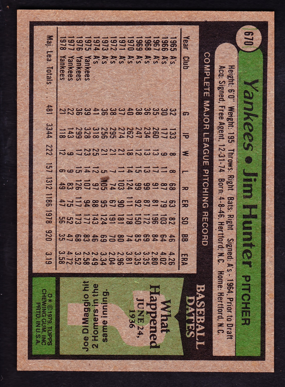 1979 TOPPS 670 JIM 'CATFISH' HUNTER YANKEES eBay
