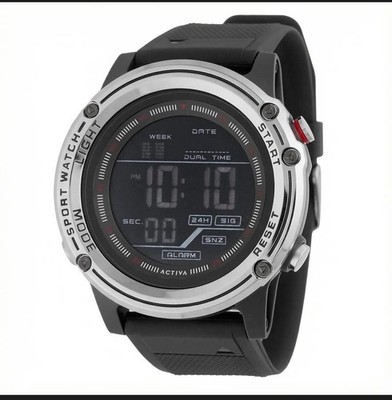 214 activa sport digital men's watch alarm dual time black rubber strap w/ box
