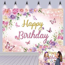 Happy Birthday Backdrop for Women Girls Pink Purple Floral Butterfly Photography