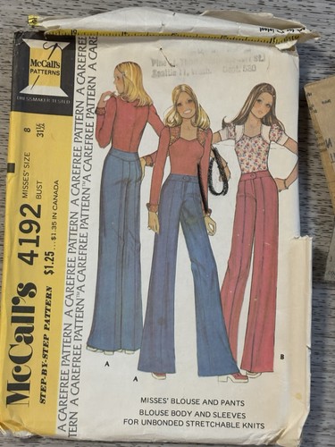 Vintage 1974 McCall’s Bell Bottom Pants & Top Pattern 4192 24” W Used Complete