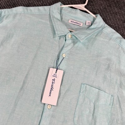 Caribbean Linen Shirt Mens 4XB Big Blue Short Sleeve Button Up Wedding Beach New
