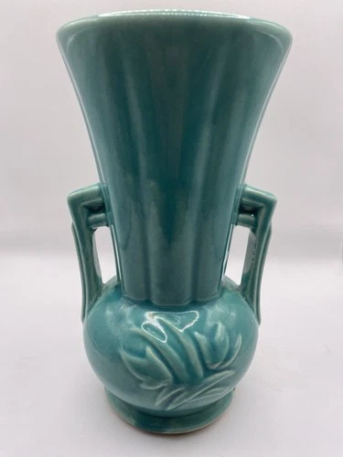 Mccoy Pottery Aqua Blue Teal Double Handle Vase 1940s