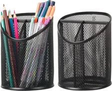 2 Pack Pen Holder Mesh round Pencil Holder Desktop Organizer 3 Compartments, Bla