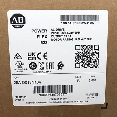 25A-D013N104  Allen-Bradley 25AD013N104 PowerFlex 523 5.5KW 7.5HP AC Drive