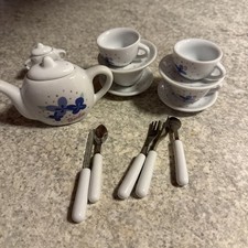 BARBIE TEA SET PORCELAIN SET OF 15 PIECES Child Size BLUE FLOWERS SCHYLLING