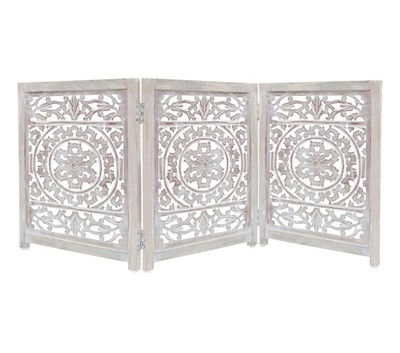 Wooden Foldable Pet Dog Safety Gate - 3 Panel 20 W x 24 H - Hand Carved Suzani F