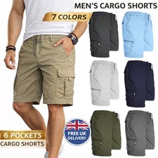 Mens Cargo Shorts Combat Multi Pocket Elasticated Waist Plain Lightweight Shorts