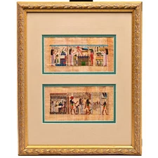 EGYPTIAN Original Signed Ancient Hieroglyphs Portrait Diptych Papyrus Painting