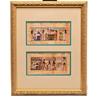 EGYPTIAN Original Signed Ancient Hieroglyphs Portrait Diptych Papyrus Painting