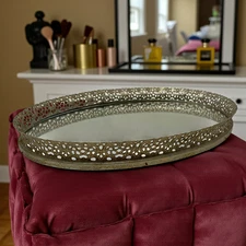 Vintage Gold Ormolu Mirrored Vanity Perfume Tray 13" x 9" Hollywood Regency MCM