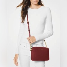 Michael Kors Jet Set East West Crossbody Cranberry Pebbled Leather Gold Trim