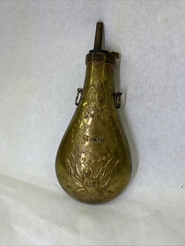 Antique U.S. Military Peace Powder Flask – Civil War Era Embossed Eagle & Flags