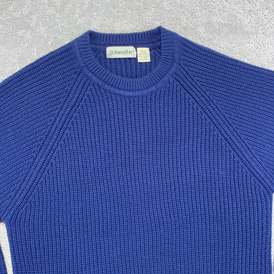 Vintage St Johns Bay Sweater Mens Large Tall Navy Blue Knit Acrylic Crew Grandpa - Image 2 of 4