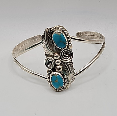 Native American Sterling Silver  Turquoise 2 Stone Cuff Bracelet Size 9. Signed
