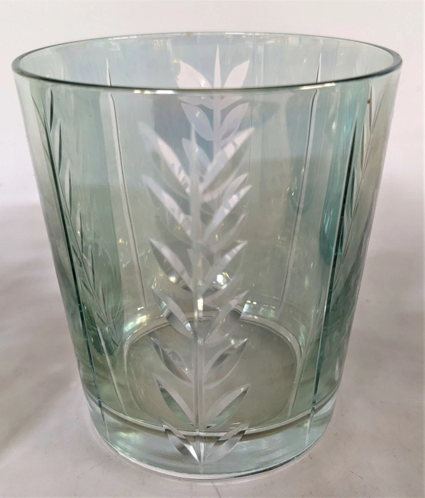 Tumbler Glasses Etched Wheat Motif Light Green Iridescent Old Fashioned Lot of 2