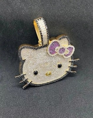 1 Ct Round Cut Lab Created Diamond Hello Kitty Pendant 14K Yellow Gold Finish 1''