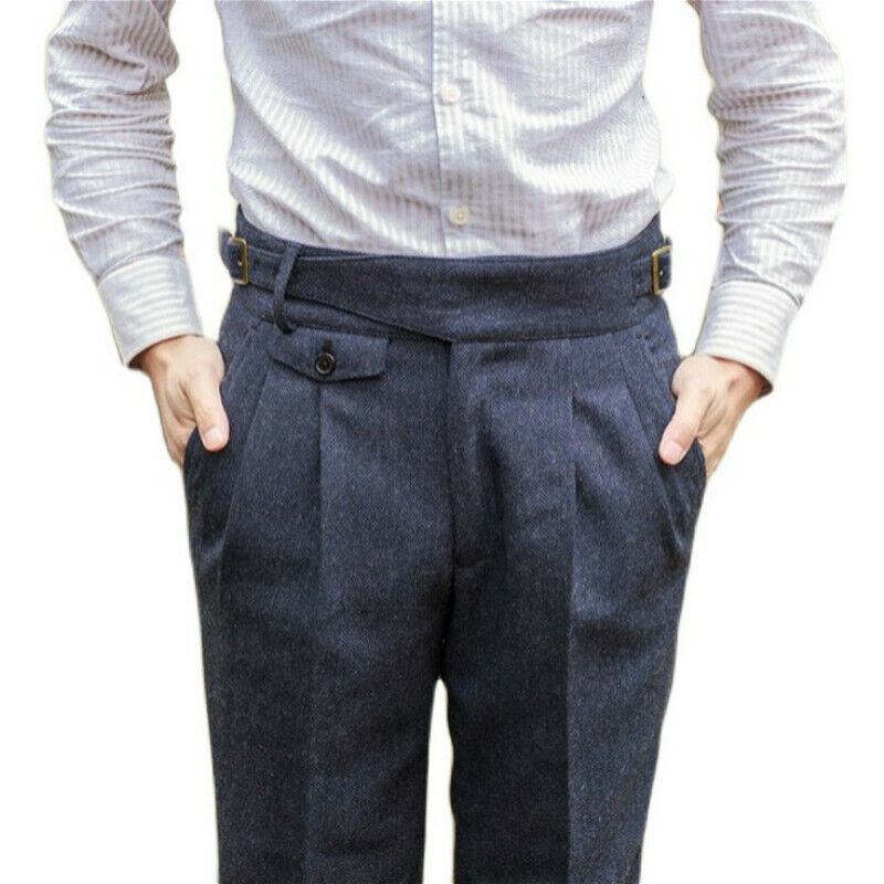 Men Wool Blend Herringbone Pants Retro Tweed Straight Leg Men Wool Blend Herringbone Pants Retro Tweed Straight Leg