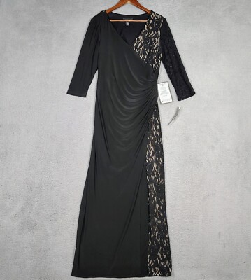 R&M Richards Maxi Dress Women's 12 Black Taupe Floral Lace R&M Richards Maxi Dress Women's 12 Black Taupe Floral Lace