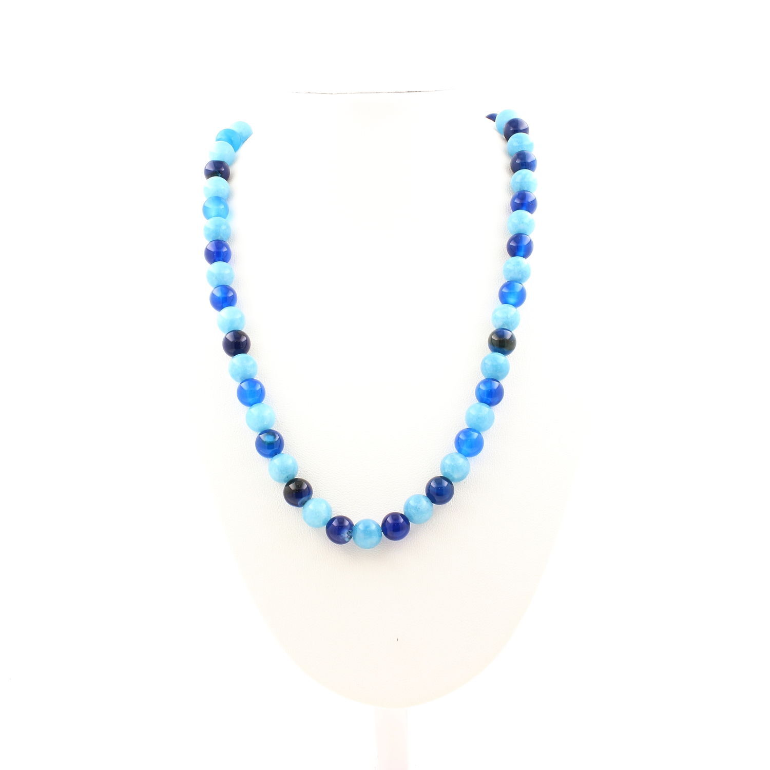 Collier en agate rubanée et calcédoine bleue 8mm avec chaîne acier inoxydable