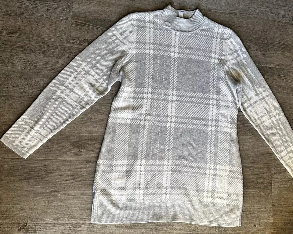 Isaac Mizrahi Live Plaid Sweater Gray White Tunic Long Sleeves L NWOT A390253 - Image 3 of 4