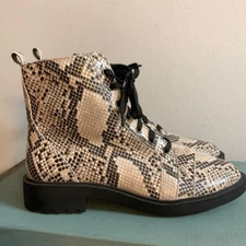 LINEA PAOLO Lace Up Combat Moto BOOTS Snake Print Leather Lug Sole