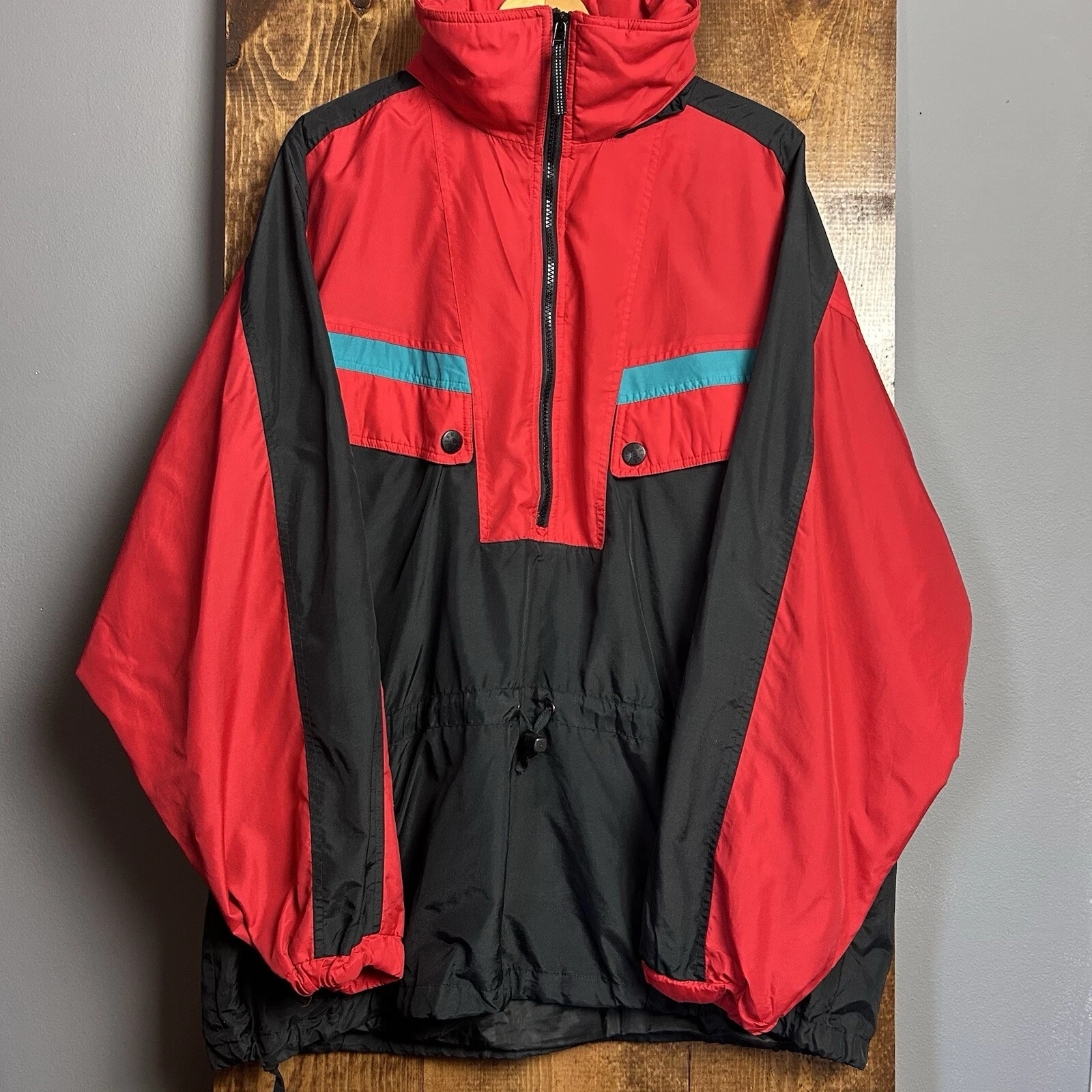 VTG Obermeyer Breckenridge Ski Jacket Mens XL Hood Coat Red Colorblock Packable