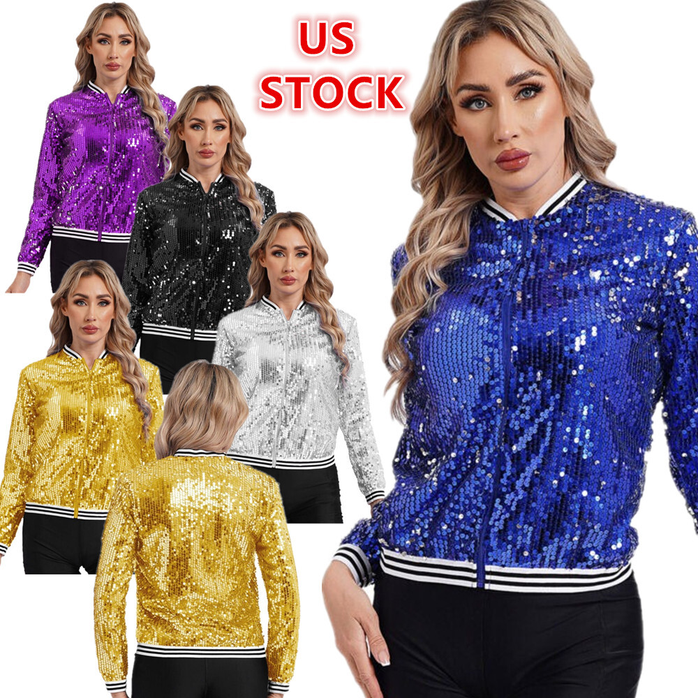 Womens Sparkly Sequin Jacket Front Zip Up Bomber Jacket Top for