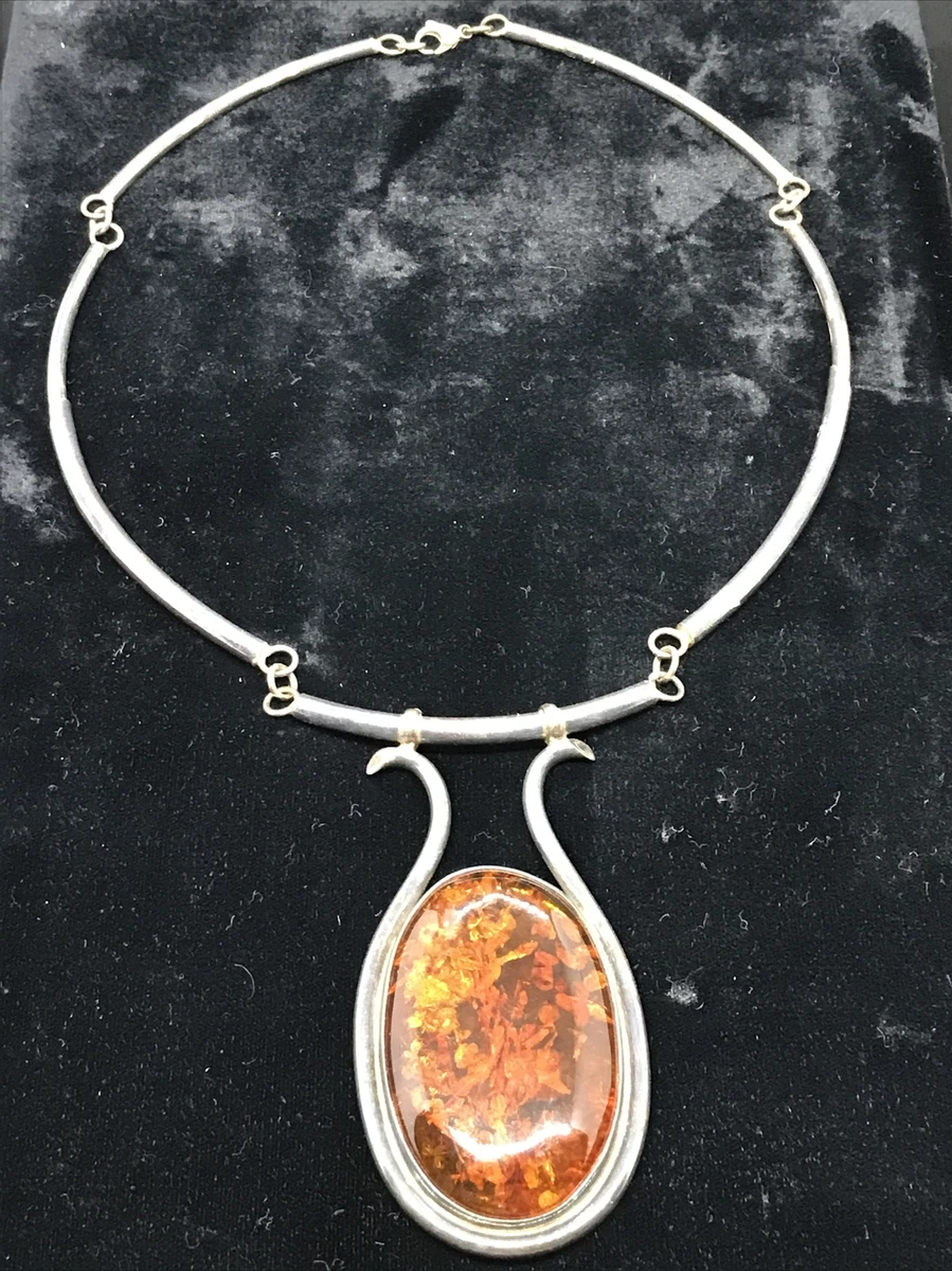 Vintage Sterling Silver 925 Large Amber Stone Designer Signed Statement Necklace