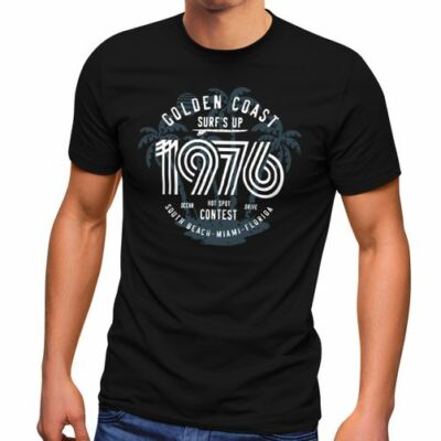 Herren T-Shirt  Surf Design Retro Style Schriftzug Golden Coast Miami Florida