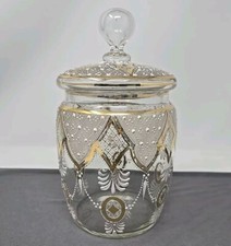 Antique Victorian Bohemian Moser Style Hand Enameled Biscuit Jar 9 1/4"