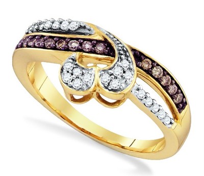 10K Yellow Gold Diamond Heart Ring Chocolate Brown & White Diamond Band .25ct