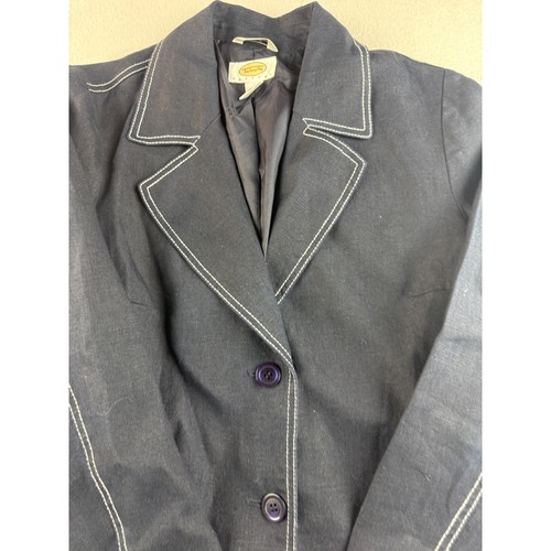 Talbots Petites Irish Linen Navy Blue Blazer Jacket White Stitching Size 8 - Picture 3 of 9
