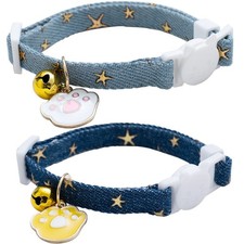 2 Pack Denim Breakaway Cat Collars with Bell Cat Paw Pendant Kitty Kitten Col...