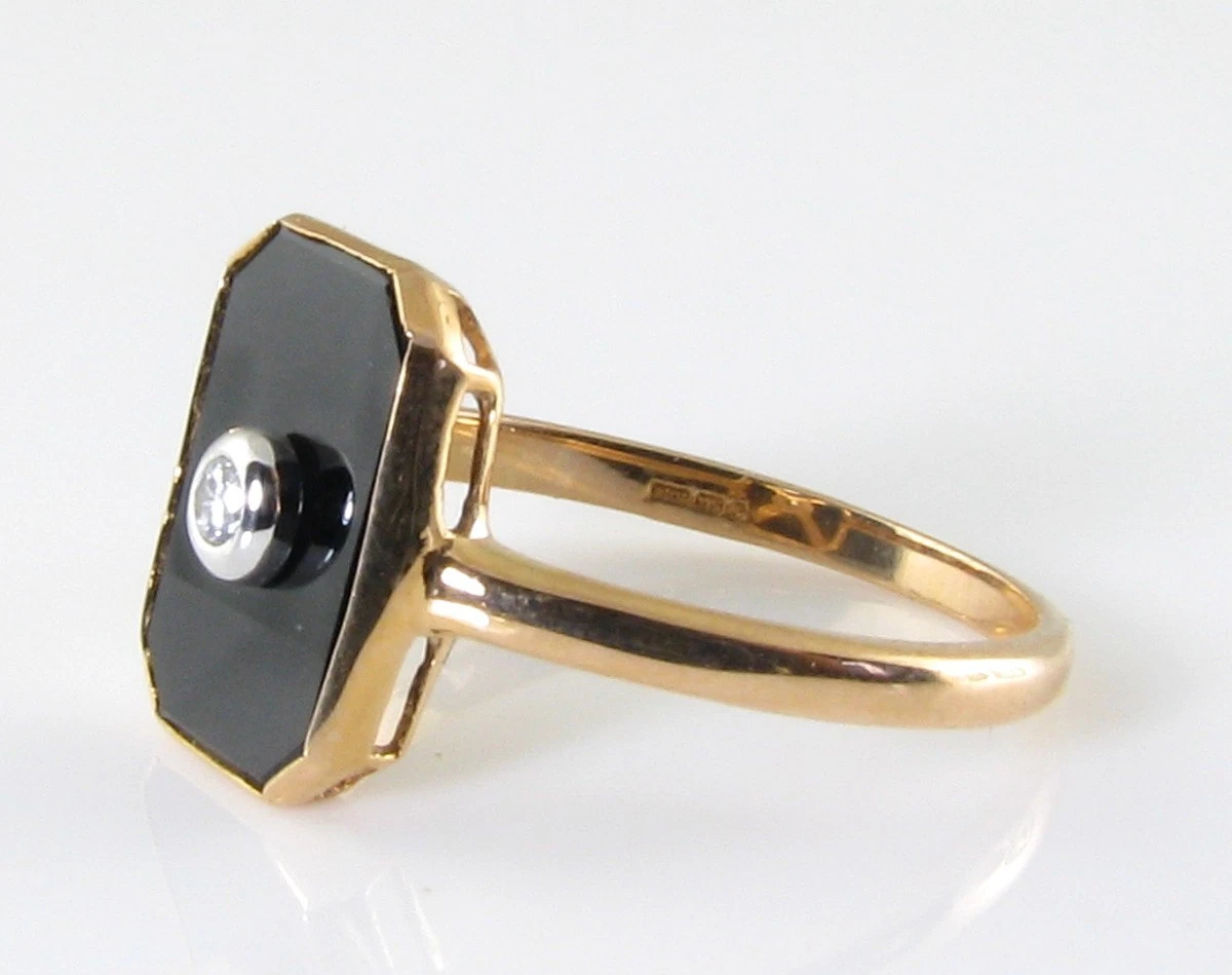 Anillo Art Déco 9ct Oro Rosa Ónix y Diamante Ajustable Gratis Resizable