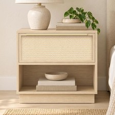 Natural Oak 1-Drawer Woven-Front Nightstand with Open Shelf