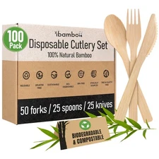 100% Bamboo Utensils Set - 100x Compostable Cutlery Set (50 Compostable Forks...