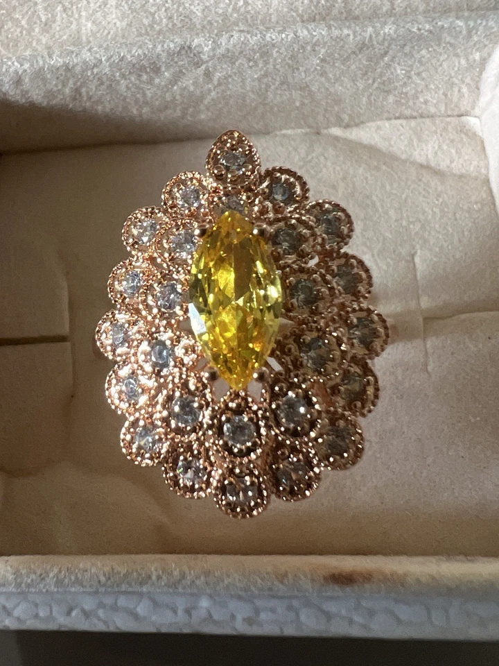 14k Rose Gold Plated Natural Zircon Citrine Jewelry Set Ring 9 Necklace 24” Set - Image 4 of 4