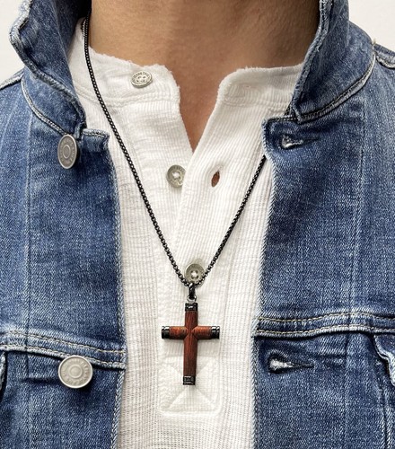 Real Santos Wood Cross Necklace Pendant Black 24" Stainless Steel Chain - Picture 3 of 6