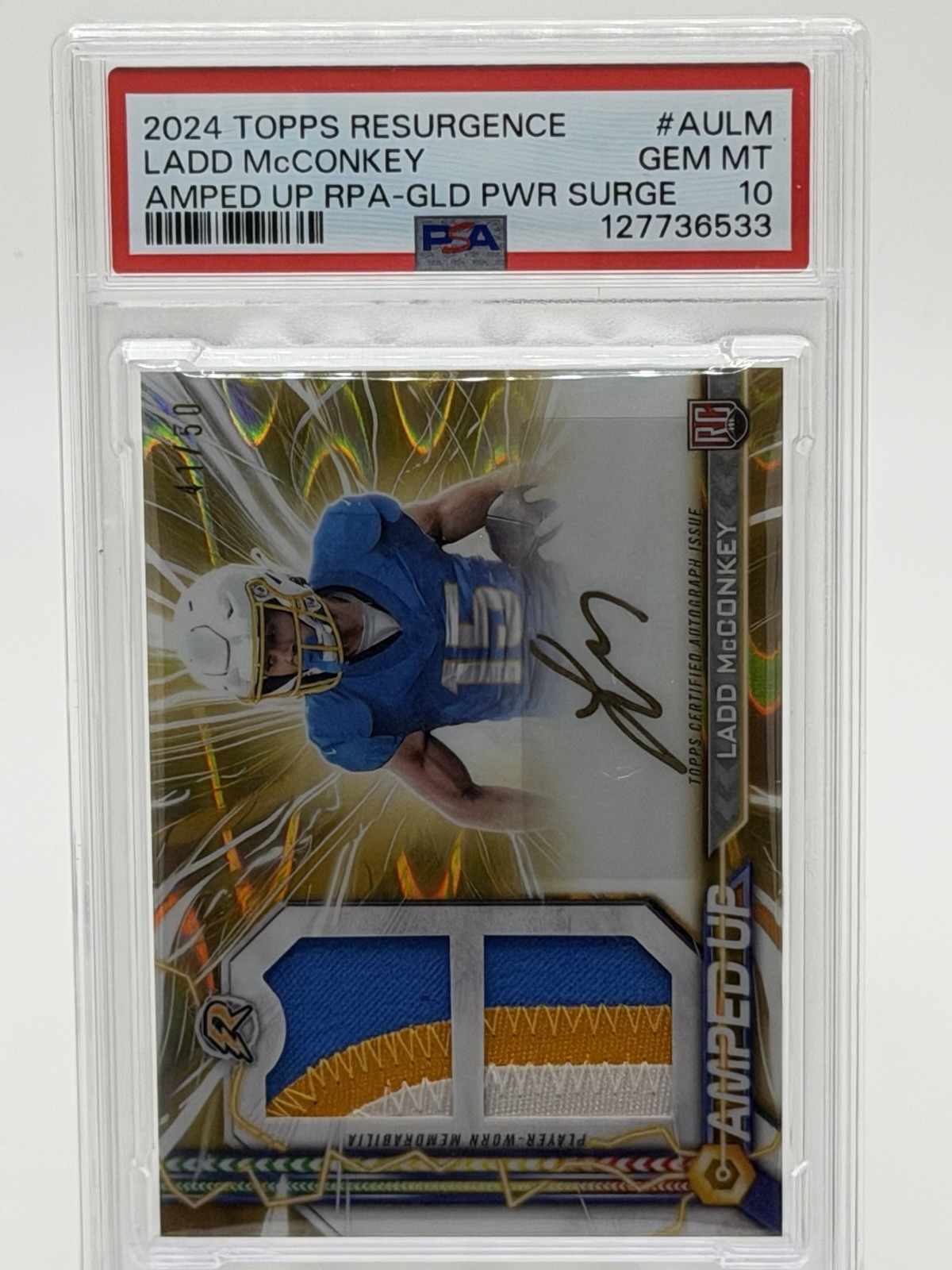 Ladd McConkey Topps Resurgence Amped Up Rookie Patch Autographs #AULM Power Surge Gold