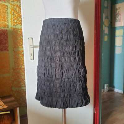 Black Ruched Pleated Cotton Designer Party Chic Midi Skirt, Paule Ka 38