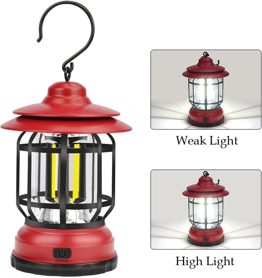 Lampada LED campeggio retrò lanterna ricaricabile USB luce portatile con gancio - Image 2 of 4