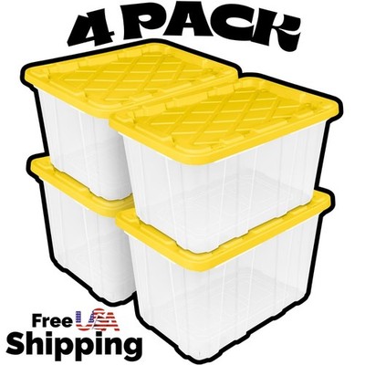 4 Pack Sterilite Large 27 Gallon Durable Plastic Storage Bin with Snap-On Lid