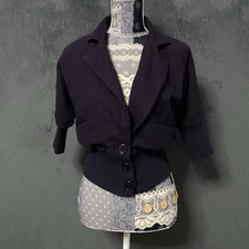 Sans Souci Cropped Blazer Jacket Womens M Purple Wool Blend Short Sleeve Preppy