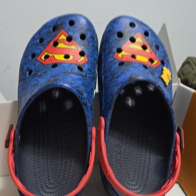 Crocs Boys Superman Logo Blue Red Yellow Breathable Clog Shoes Size 9