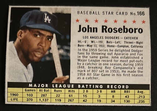 1961 Post Cereal John Roseboro Hand-Cut Baseball Card #166 Dodgers Catcher VG